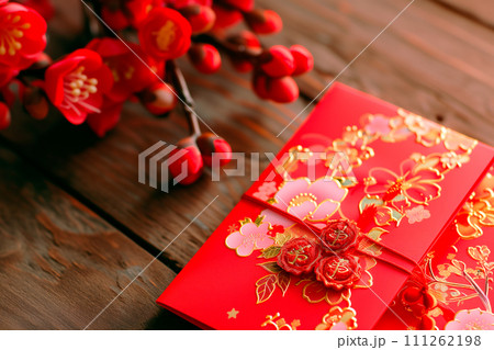 Chinese New Year decoration with red paper lanterns and plum blossom 111262198