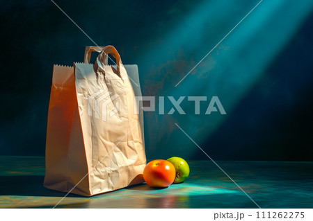 Craft brown shopping paper bag on blue background with soft Sfumato lightening. 111262275