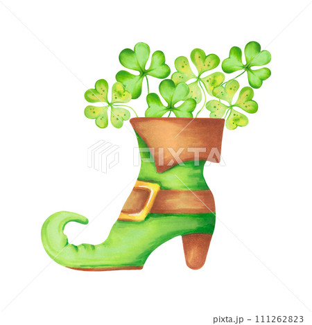 Composition of green leprechaun shoe with gold buckle and clover.Clipart for St. Patrick's Day celebration.Watercolor illustration.Hand drawn isolated art.Sketch for cards and Irish decorations. 111262823