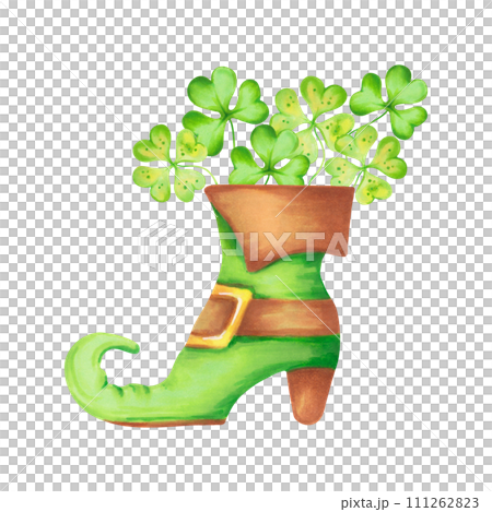 Composition of green leprechaun shoe with gold buckle and clover.Clipart for St. Patrick's Day celebration.Watercolor illustration.Hand drawn isolated art.Sketch for cards and Irish decorations. 111262823