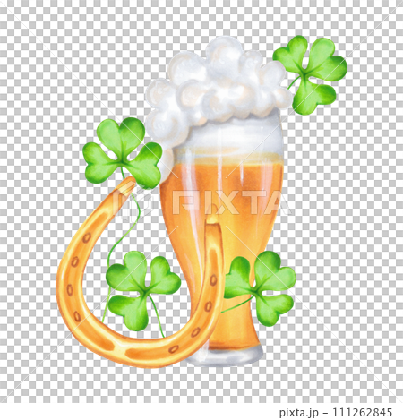 Glass of beer with golden horseshoe and shamrock clover.Watercolor and marker illustration.Clip art composition of drinking alcohol during the holidays, St. Patrick's Day.Hand drawn isolated art. Glass of beer with golden horseshoe and shamrock clover.Watercolor and marker illustration.Clip art composition of drinking alcohol during the holidays, St. Patrick's Day.Hand drawn isolated art. 111262845