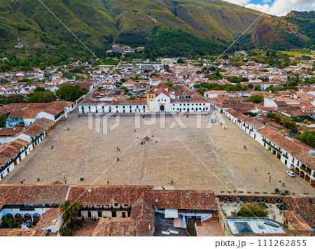 Aerial view of the Plaza Mayor, largest stone-paved square in South America, Villa de Leyva, Colombia 111262855