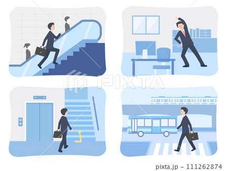通勤中やオフィスで運動する会社員のイラストセット 通勤中やオフィスで運動する会社員のイラストセット 111262874