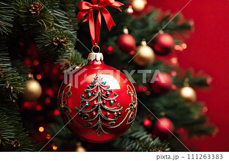 Christmas red ball with on festive background 111263383