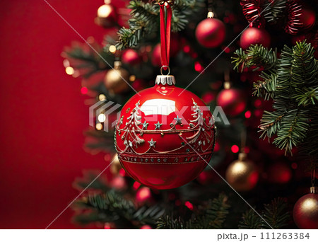 Christmas tree branches with red balls 111263384