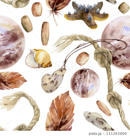 Hand drawn watercolor illustration sea witch altar objects. Tied knotted rope cord, precious stones feathers shells beads. Seamless pattern isolated on white background. Design for print, shop, magic 111263800