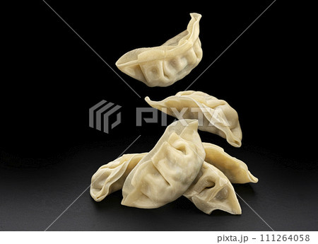Falling Chinese Gyoza dumplings isolated on black background with copy space Falling Chinese Gyoza dumplings isolated on black background with copy space 111264058