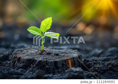 AI-generated content. a seedling growing up from center trunk tree stump dead tree shinning a light for new business growth through innovative. power of disruption to unlock achieve future-proof 111264091