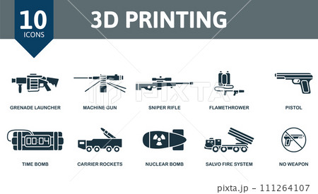 3d printing set. Creative icons: grenade launcher, machine gun, sniper rifle, flamethrower, pistol, time bomb, carrier rockets, salvo fire system, no weapon. 3d printing set. Creative icons: grenade launcher, machine gun, sniper rifle, flamethrower, pistol, time bomb, carrier rockets, salvo fire system, no weapon. 111264107