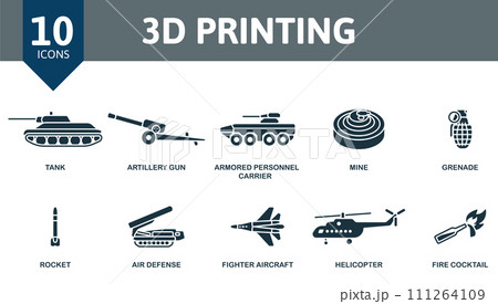3d printing set. Creative icons: tank, artillery gun, armored personnel carrier, mine, grenade, rocket, air defence, fighter aircraft, helicopter, fire cocktail. 3d printing set. Creative icons: tank, artillery gun, armored personnel carrier, mine, grenade, rocket, air defence, fighter aircraft, helicopter, fire cocktail. 111264109