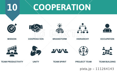 Cooperation icons set. Creative icons: mission, cooperation, brainstorm, hierarchy, occupation, team productivity, unity, team spirit, project team, team building. 111264143