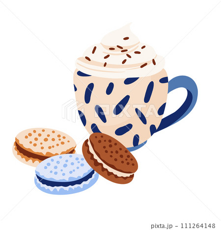 Pastel Blue and Beige Coffee Cup with Macarons. 111264148