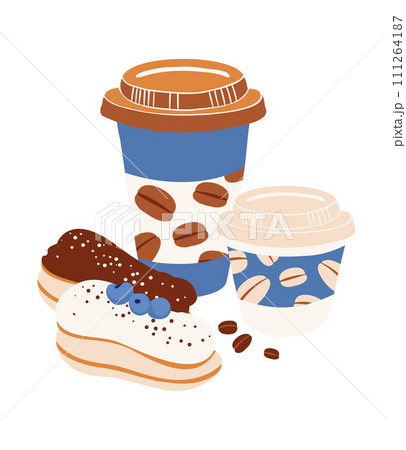 Coffee Takeaway Cups with Eclair Vector Illustration in Blue and Beige 111264187