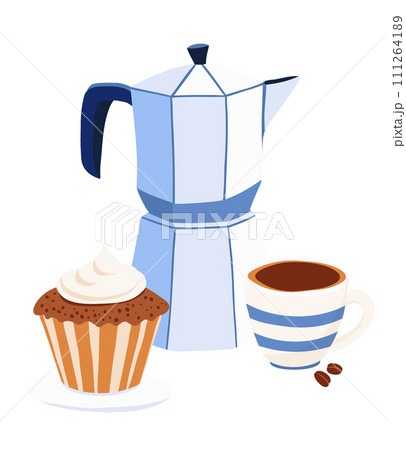 Moka Pot Coffee and Cupcake Vector Illustration in Blue beige palette Moka Pot Coffee and Cupcake Vector Illustration in Blue beige palette 111264189