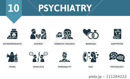Psychiatry icons set. Creative icons: antidepressants, divorce, domestic violence, marriage, adaptation, fears, conflicts, personality, ego, psychology. Psychiatry icons set. Creative icons: antidepressants, divorce, domestic violence, marriage, adaptation, fears, conflicts, personality, ego, psychology. 111264222