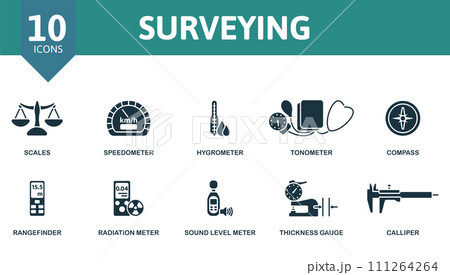Surveying icons set. Creative icons: scales, speedometer, hygrometer, tonometer, compass, rangefinder, radiation meter, sound level meter, thickness gauge, calliper. 111264264