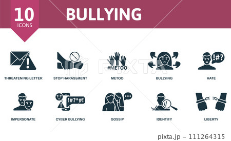 Bullying icons set. Creative icons: threatening letter, stop harassment, metoo, bullying, hate, impersonate, cyber bullying, gossip, identify, liberty. 111264315