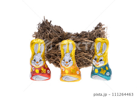 bird's nest with chocolate bunnies isolated bird's nest with chocolate bunnies isolated 111264463