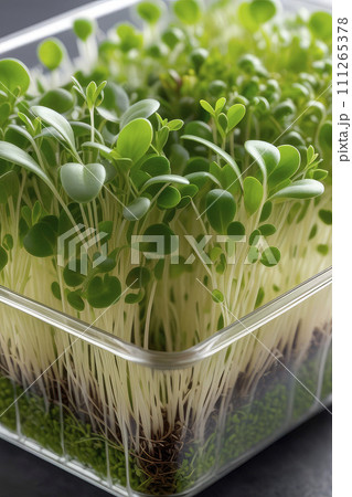 Fresh microgreens macro in a transparent container. Home gardening. 111265378