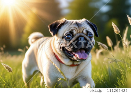 Happy pug dog running over a green meadow. 111265425