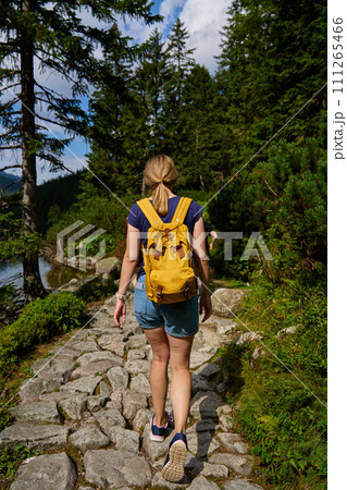Back view of woman hiking in mountains with backpack. Female traveler walking in forest. Traveling in national park. Active recreation Back view of woman hiking in mountains with backpack. Female traveler walking in forest. Traveling in national park. Active recreation 111265466