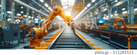 Exploring Robotic Process Automation in Large-Scale Factories, Revolutionizing Efficiency with Advanced Robotics and Afternoon Light Illumination for Optimal Operation, Ai generative 111265521