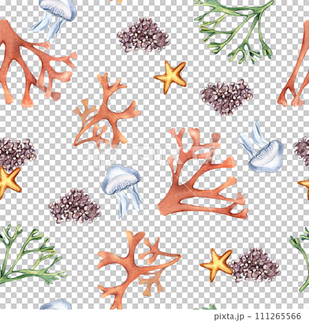 Watercolor seamless pattern of sea plants and starfish isolated on white. Seaweeds and coral hand drawn. Painted colorful algae print. Design element for textile, paper, packaging, marine collection 111265566