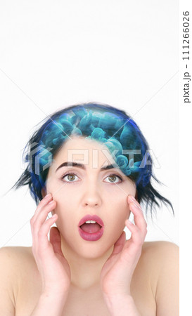 Brainwashing manipulation. Thought control. Shocked scared woman with blue smoke cloud hair effect isolated on white background empty space. 111266026