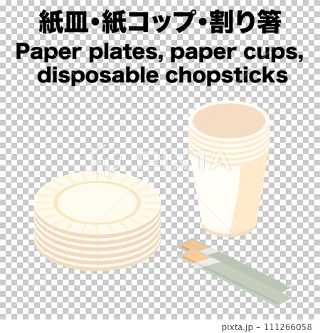 Isometric illustration of disposable chopsticks, paper cups, and paper plates Isometric illustration of disposable chopsticks, paper cups, and paper plates 111266058