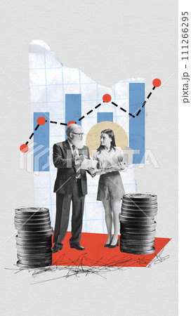 Contemporary art collage. Experienced successful businessman communicates and explains his work plan for month to his assistant. 111266295