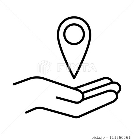 GPS point in the palm icon. Pin point on a hand. 111266361