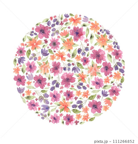 Watercolor floral round composition of different flowers and green leaves. Hand drawn illustration of botanical template for greeting cards or wedding invitations, mother's day, birthday, march 8, pos 111266852