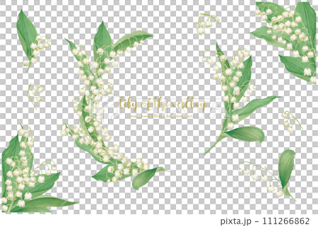 水彩手描きの鈴蘭の花を装飾したフレーム素材 111266862