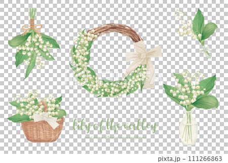 水彩手繪鈴蘭花和緞帶圖案插畫素材 111266863