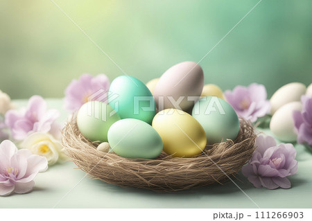 Celebrating Easter, holiday greeting card mockup with flowers and colored eggs. 111266903