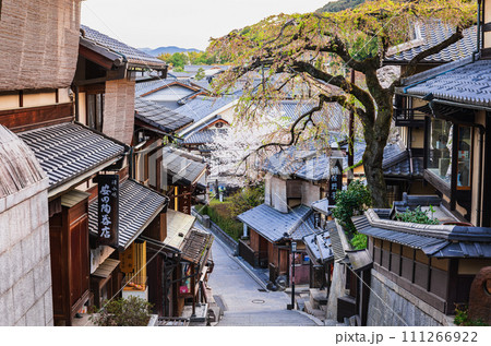 春の京都　京町家が建ち並ぶ三年坂　朝景 111266922