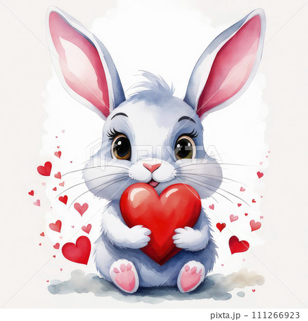 Watercolor valentine lovely bunnie on white background. 111266923
