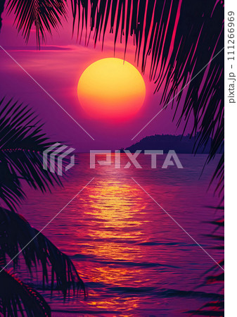 Tropical Sunset Paradise, neon colors, orange sun, AI Generated 111266969