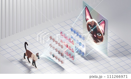 Cat and Neural Network: Visualization of Image Recognition Process, 3D rendering 111266971