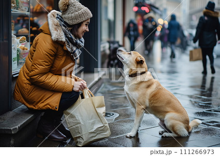Candid Street Scene with Dog - Loyal Companion Waits Patiently, AI Generated 111266973
