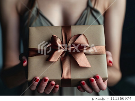 Gift in Woman Hands, Elegant Gift Presentation, A Special Surprise Unveiled 111266974