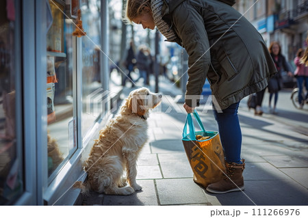 Candid Street Scene with Dog - Loyal Companion Waits Patiently, AI Generated 111266976