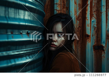 Mysterious Woman Portrait in a Blue Setting, outdoor photography style 111266977