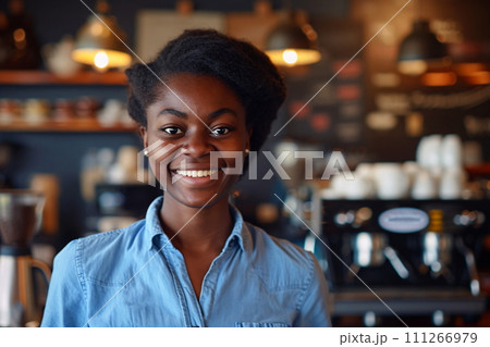Beautiful Black Woman Outside a Cafe, Casual Style in Urban Setting, AI Generated 111266979