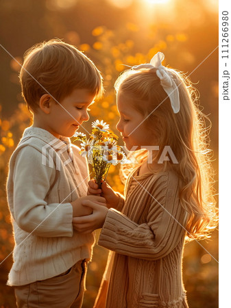 Children, Boy and Girl Sharing Flowers at Sunset, AI Generated 111266980