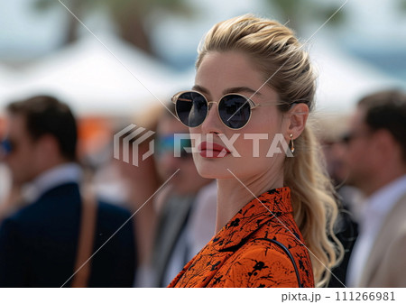 Film Festival Celebrity Woman, Elegant Attire at Outdoor Event, AI Generated 111266981