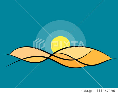 Desert landscape with sand dunes in line art style. Sunrise over the desert in minimalist style. Wavy landscape with dunes and sun. Design for banners, posters and wallpapers. Vector illustration Desert landscape with sand dunes in line art style. Sunrise over the desert in minimalist style. Wavy landscape with dunes and sun. Design for banners, posters and wallpapers. Vector illustration 111267196