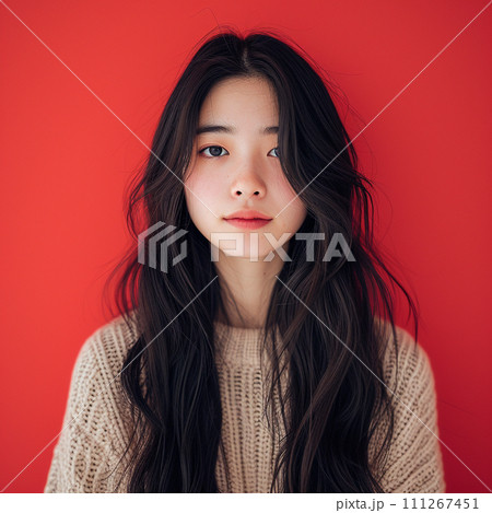赤い壁バックのロングヘア女性 赤い壁バックのロングヘア女性 111267451