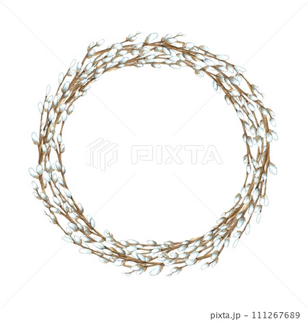 Watercolor wreath of willow branches. Easter holiday illustration hand drawn. Sketch on isolated background for greeting cards, invitations, happy holidays, posters, decor 111267689