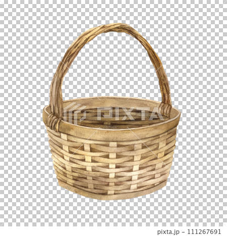Watercolor illustration of a wicker brown basket. Blank element for picnic, flowers, vegetables, food isolated on background. Rustic vintage straw basket is used in designs on postcards and textiles. Watercolor illustration of a wicker brown basket. Blank element for picnic, flowers, vegetables, food isolated on background. Rustic vintage straw basket is used in designs on postcards and textiles. 111267691
